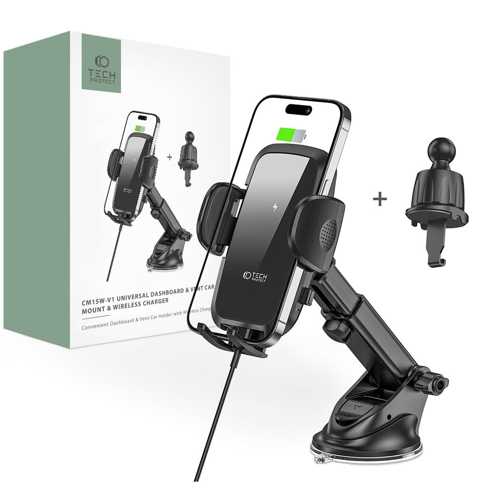 SUPPORT DE TÉLÉPHONE POUR VOITURE AVEC CHARGE SANS FIL TECH-PROTECT CM15W-V1 MONTAGE SUR TABLEAU DE BORD & VENTILATION CHARGEUR SANS FIL 15W NOIR