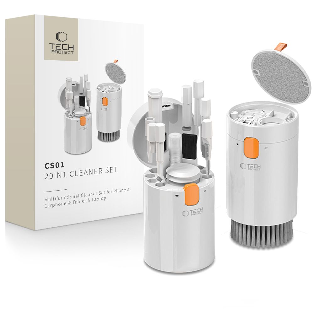 ENSEMBLE DE NETTOYAGE TECH-PROTECT CS01 20EN1 POUR TÉLÉPHONE, ÉCOUTEURS, TABLETTE ET ORDINATEUR PORTABLE BLANC