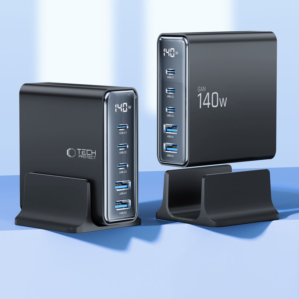 CHARGEUR DE BUREAU TECH-PROTECT DC140W-GAN 5 PORTS PD140W/QC3.0 NOIR