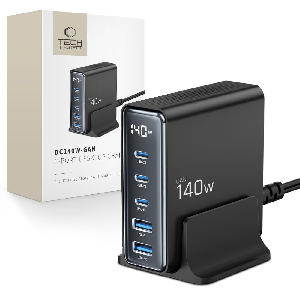 CHARGEUR DE BUREAU TECH-PROTECT DC140W-GAN 5 PORTS PD140W/QC3.0 NOIR