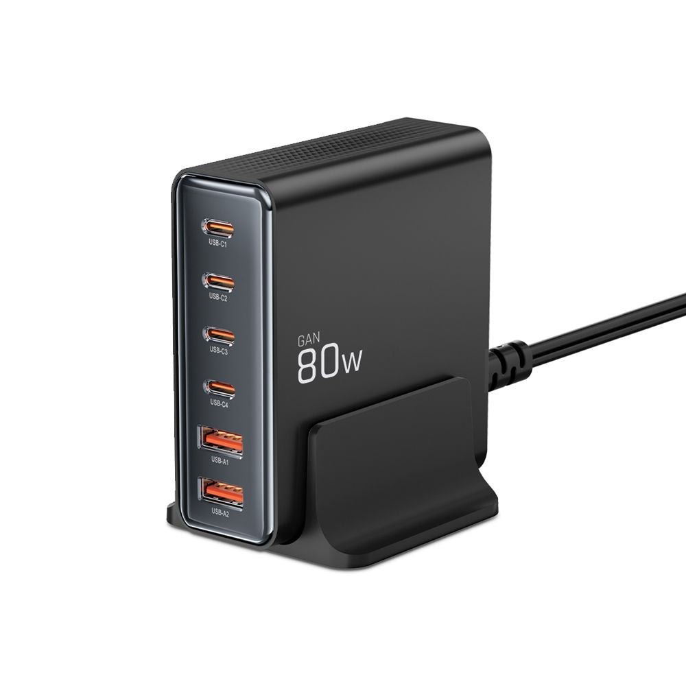 CHARGEUR DE BUREAU TECH-PROTECT DC80W-GAN 6 PORTS PD80W/QC3.0 NOIR