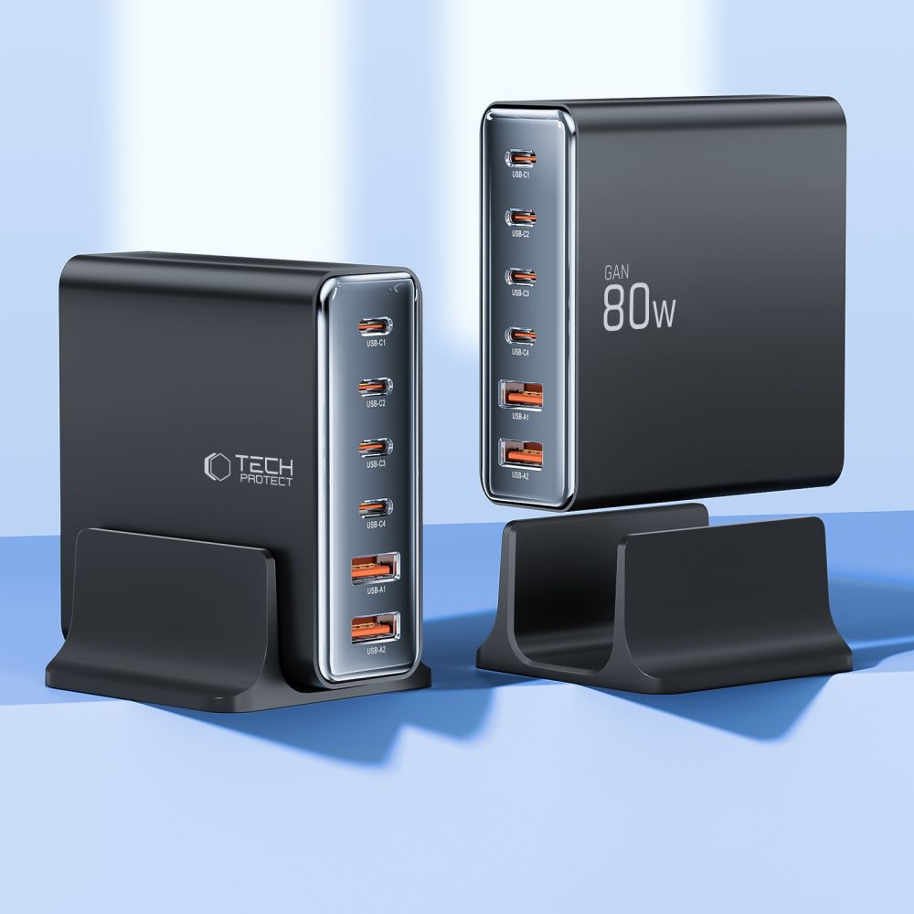 CHARGEUR DE BUREAU TECH-PROTECT DC80W-GAN 6 PORTS PD80W/QC3.0 NOIR