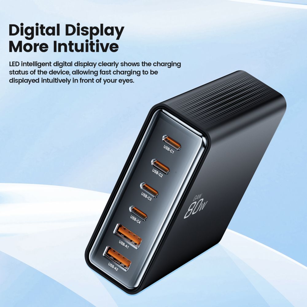 CHARGEUR DE BUREAU TECH-PROTECT DC80W-GAN 6 PORTS PD80W/QC3.0 NOIR