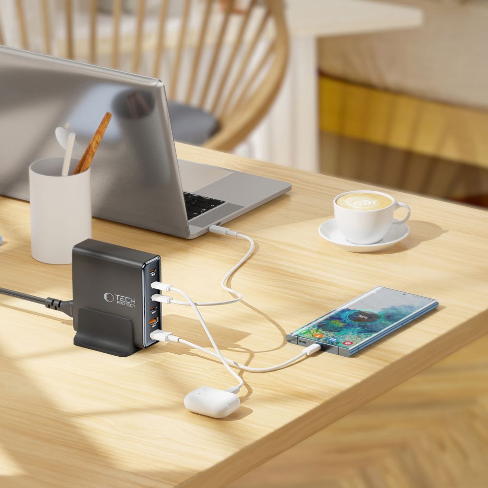 CHARGEUR DE BUREAU TECH-PROTECT DC80W-GAN 6 PORTS PD80W/QC3.0 NOIR