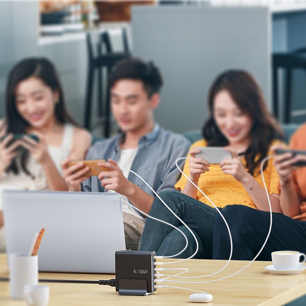 CHARGEUR DE BUREAU TECH-PROTECT DC80W-GAN 6 PORTS PD80W/QC3.0 NOIR