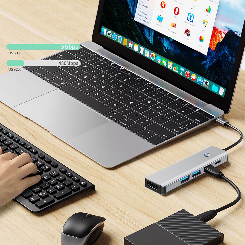 ADAPTATEUR HUB TECH-PROTECT HB01 5EN1 TYPE-C + USB3.0 + HDMI 4K 60HZ + PD100W GRIS ESPACE