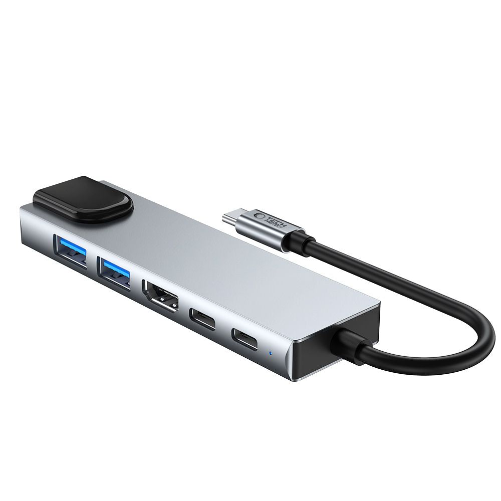 ADAPTATEUR HUB TECH-PROTECT HB02 6EN1 TYPE-C + USB2.0 + USB3.0 + HDMI 4K 30HZ + RJ45 + PD100W GRIS ESPACE
