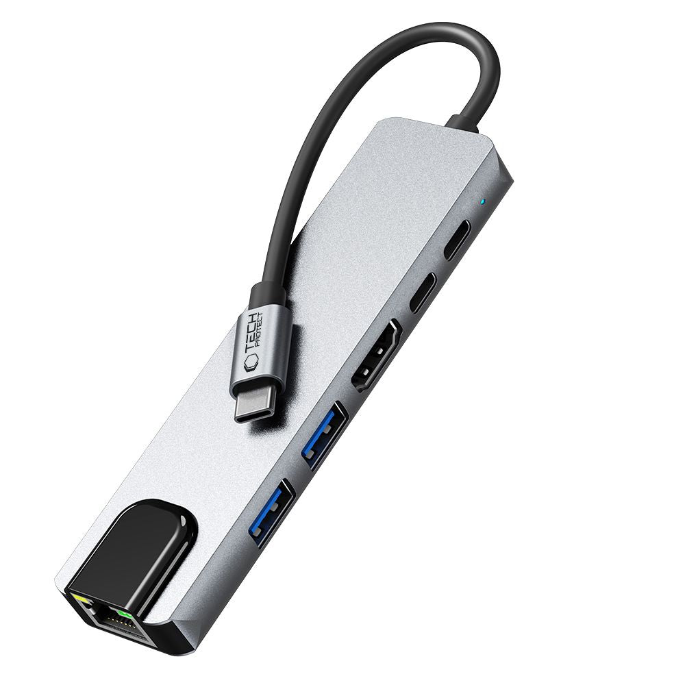 ADAPTATEUR HUB TECH-PROTECT HB02 6EN1 TYPE-C + USB2.0 + USB3.0 + HDMI 4K 30HZ + RJ45 + PD100W GRIS ESPACE