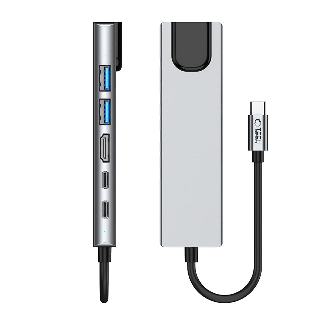 ADAPTATEUR HUB TECH-PROTECT HB02 6EN1 TYPE-C + USB2.0 + USB3.0 + HDMI 4K 30HZ + RJ45 + PD100W GRIS ESPACE