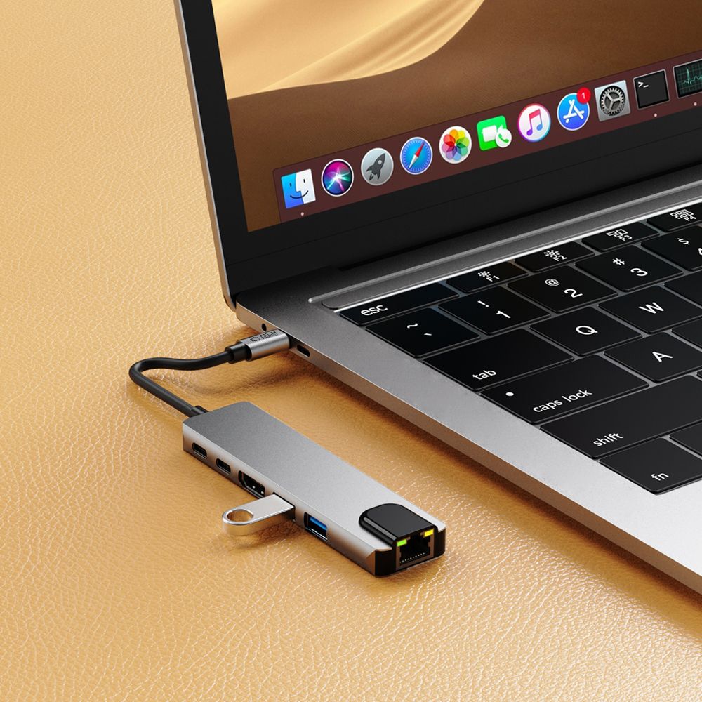 ADAPTATEUR HUB TECH-PROTECT HB02 6EN1 TYPE-C + USB2.0 + USB3.0 + HDMI 4K 30HZ + RJ45 + PD100W GRIS ESPACE