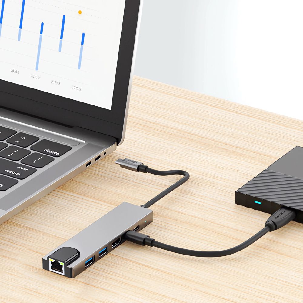 ADAPTATEUR HUB TECH-PROTECT HB02 6EN1 TYPE-C + USB2.0 + USB3.0 + HDMI 4K 30HZ + RJ45 + PD100W GRIS ESPACE