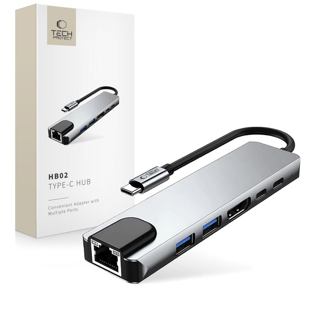 ADAPTATEUR HUB TECH-PROTECT HB02 6EN1 TYPE-C + USB2.0 + USB3.0 + HDMI 4K 30HZ + RJ45 + PD100W GRIS ESPACE