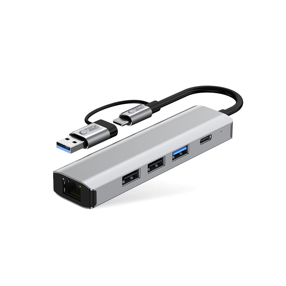 ADAPTATEUR HUB TECH-PROTECT HB03 5EN1 TYPE-C + USB2.0 + USB3.0 + RJ45 GRIS ESPACE