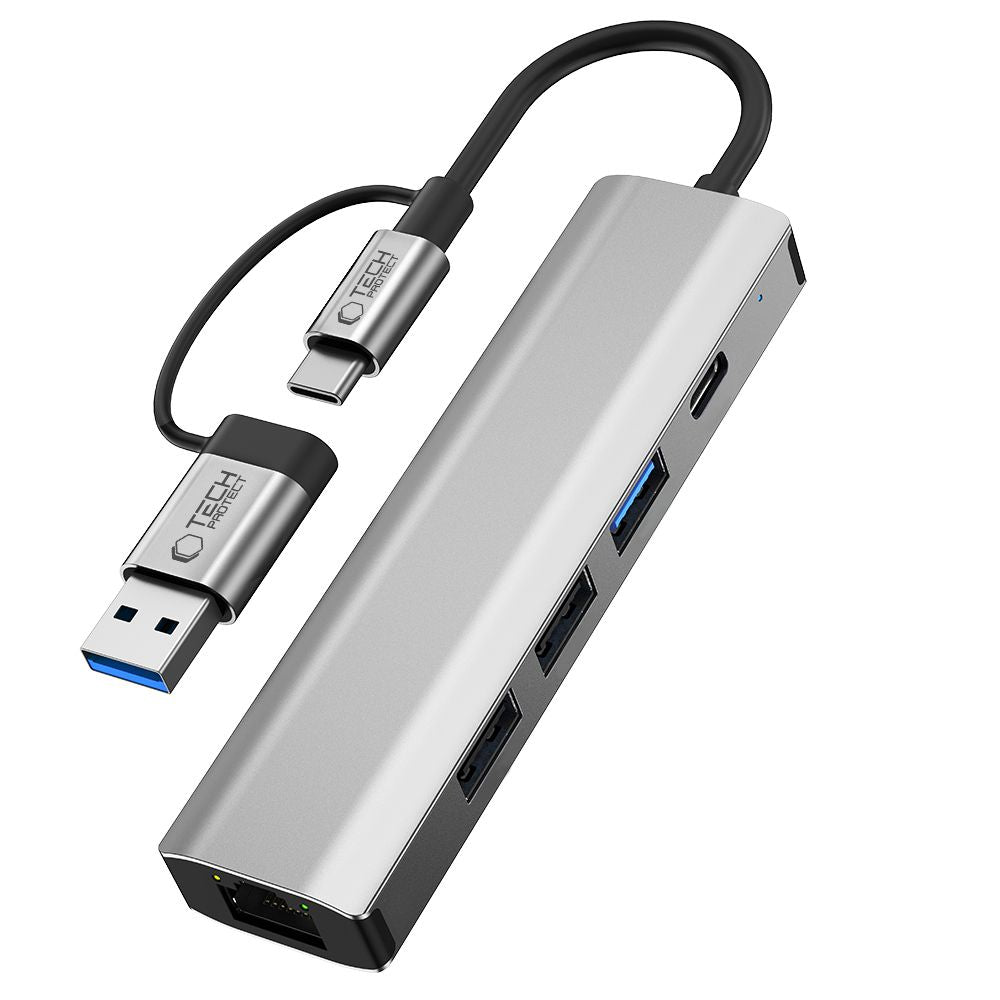 ADAPTATEUR HUB TECH-PROTECT HB03 5EN1 TYPE-C + USB2.0 + USB3.0 + RJ45 GRIS ESPACE