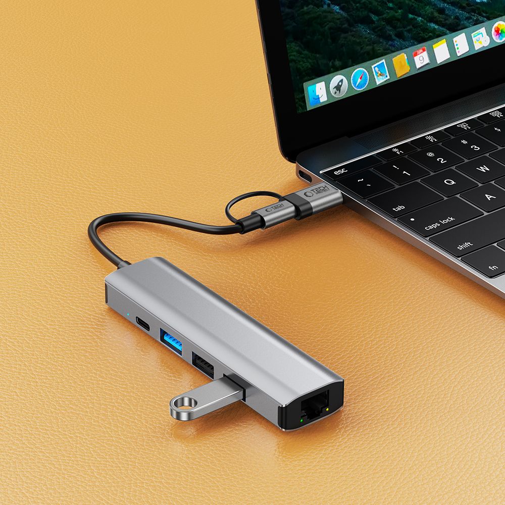 ADAPTATEUR HUB TECH-PROTECT HB03 5EN1 TYPE-C + USB2.0 + USB3.0 + RJ45 GRIS ESPACE