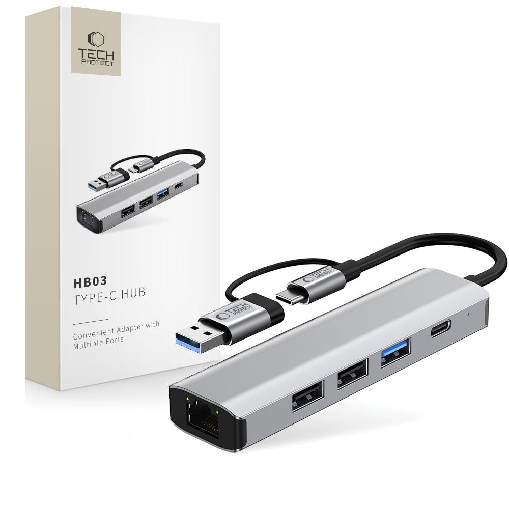 ADAPTATEUR HUB TECH-PROTECT HB03 5EN1 TYPE-C + USB2.0 + USB3.0 + RJ45 GRIS ESPACE