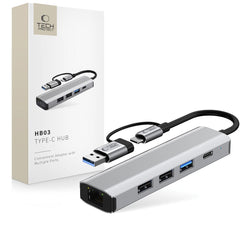 ADAPTATEUR HUB TECH-PROTECT HB03 5EN1 TYPE-C + USB2.0 + USB3.0 + RJ45 GRIS ESPACE