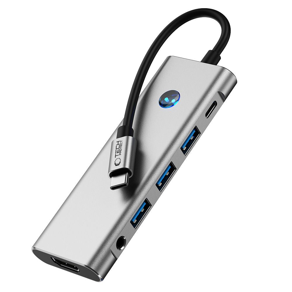 ADAPTATEUR HUB TECH-PROTECT HB04 9EN1 TYPE-C + USB2.0 + USB3.0 + HDMI 4K 60HZ + SD/TF + PD100W + AV3.5 GRIS ESPACE