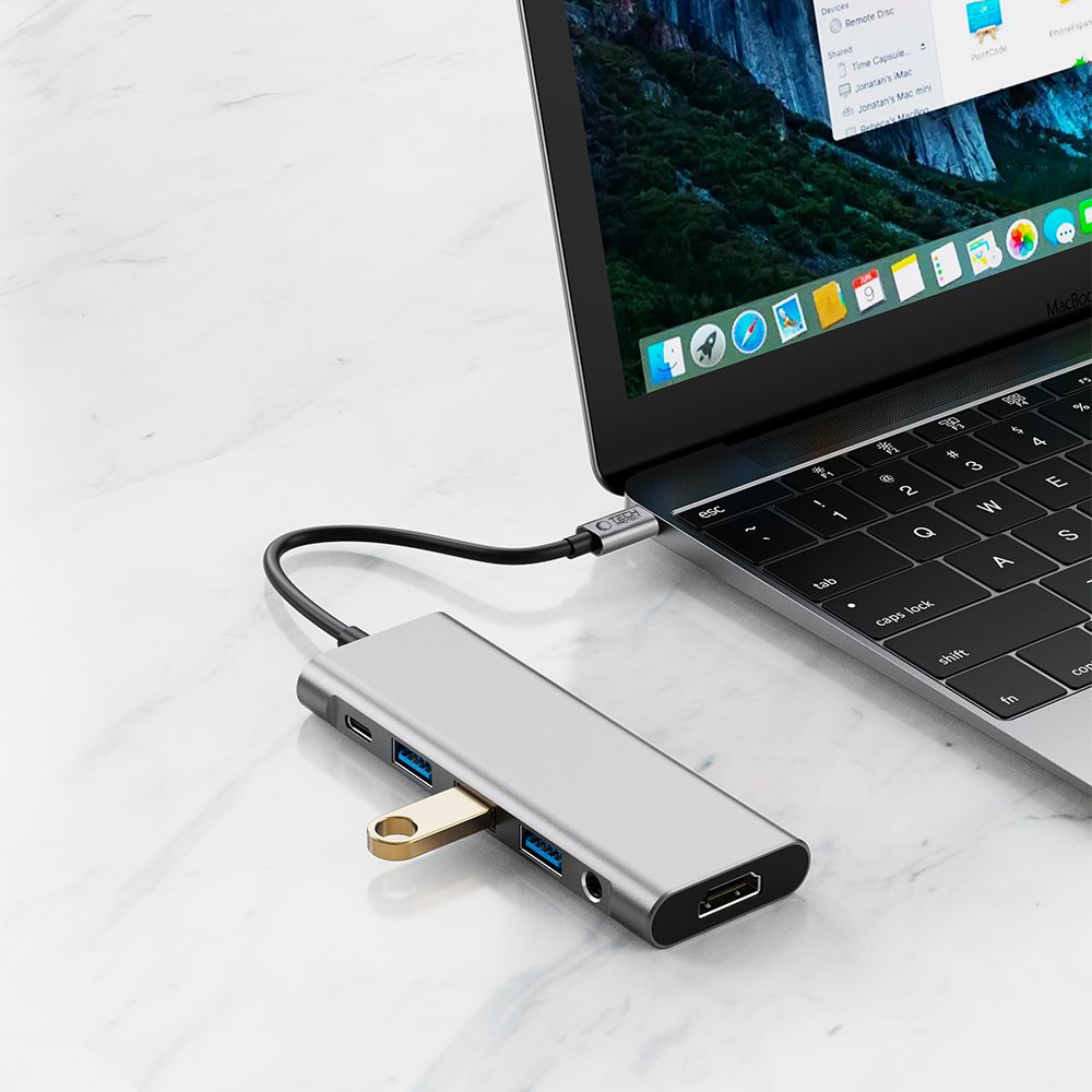 ADAPTATEUR HUB TECH-PROTECT HB04 9EN1 TYPE-C + USB2.0 + USB3.0 + HDMI 4K 60HZ + SD/TF + PD100W + AV3.5 GRIS ESPACE