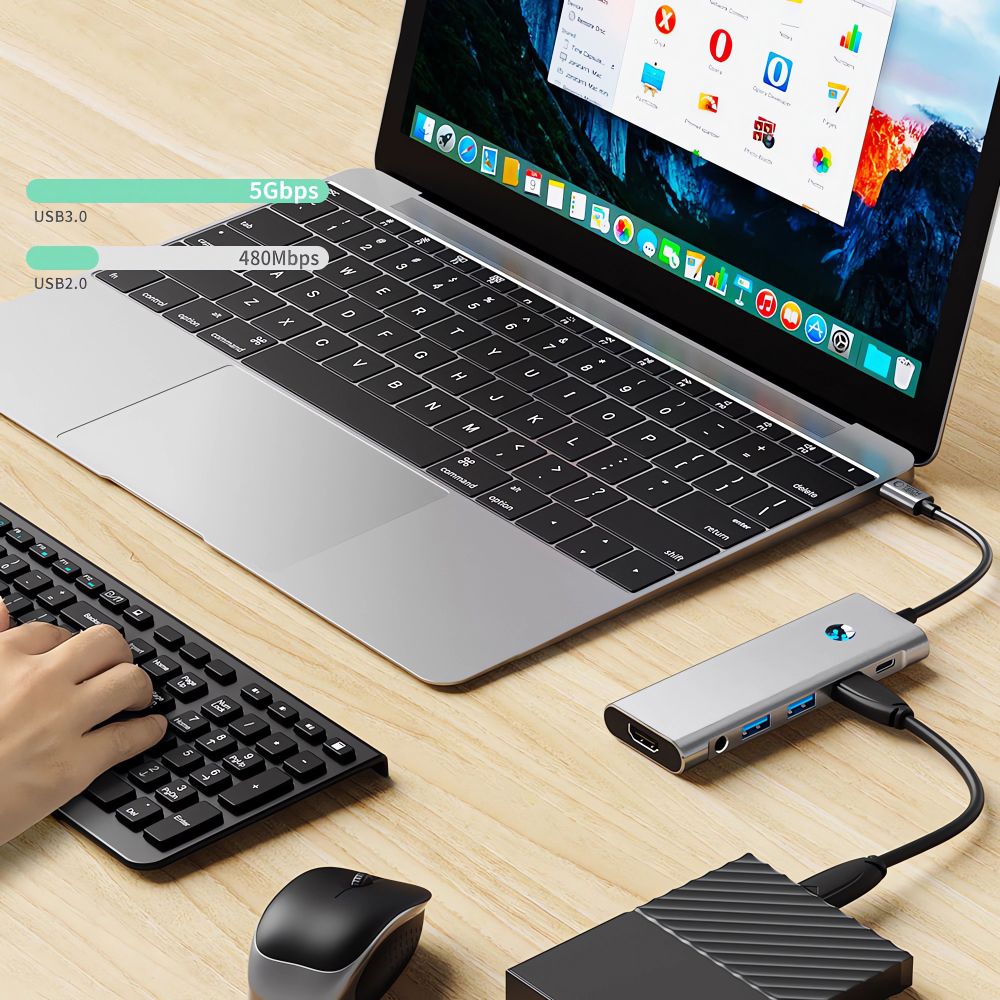 ADAPTATEUR HUB TECH-PROTECT HB04 9EN1 TYPE-C + USB2.0 + USB3.0 + HDMI 4K 60HZ + SD/TF + PD100W + AV3.5 GRIS ESPACE