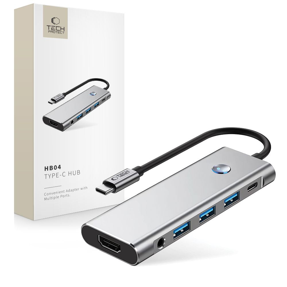 ADAPTATEUR HUB TECH-PROTECT HB04 9EN1 TYPE-C + USB2.0 + USB3.0 + HDMI 4K 60HZ + SD/TF + PD100W + AV3.5 GRIS ESPACE