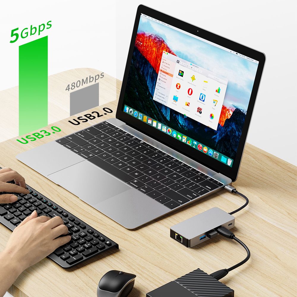 ADAPTATEUR HUB TECH-PROTECT HB05 9EN1 TYPE-C + USB2.0 + USB3.0 + HDMI 4K 60HZ + SD/TF + PD100W + RJ45 1000M GRIS ESPACE