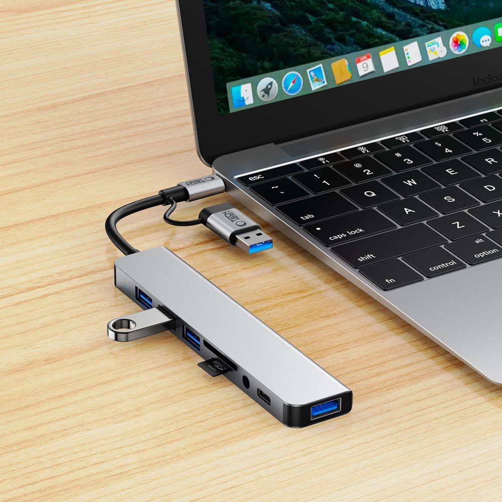 ADAPTATEUR HUB TECH-PROTECT HB06 9EN1 TYPE-C + USB2.0 + USB3.0 + SD/TF + AV3.5 GRIS ESPACE