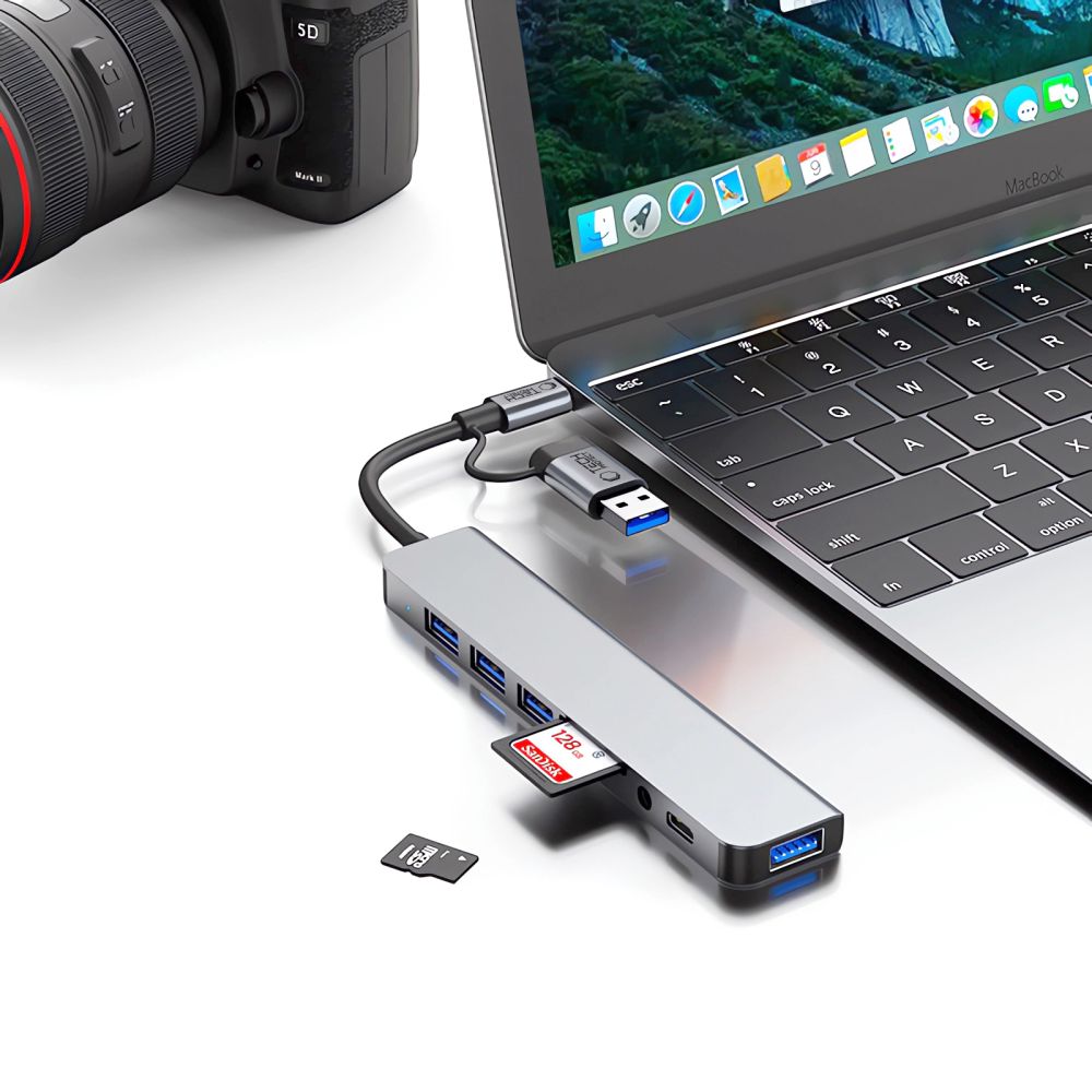 ADAPTATEUR HUB TECH-PROTECT HB06 9EN1 TYPE-C + USB2.0 + USB3.0 + SD/TF + AV3.5 GRIS ESPACE