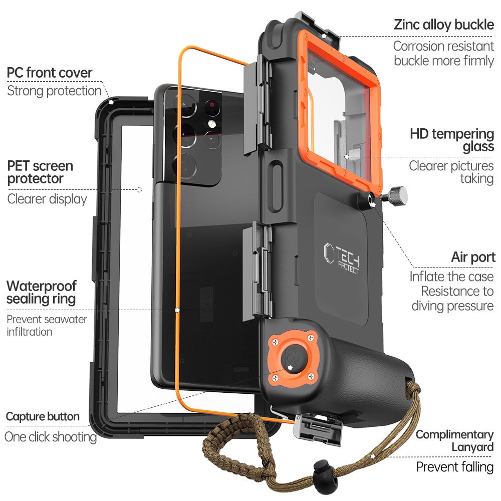 COQUE ÉTANCHE UNIVERSELLE TECH-PROTECT IPX8 NOIRE/ORANGE POUR PLONGÉE