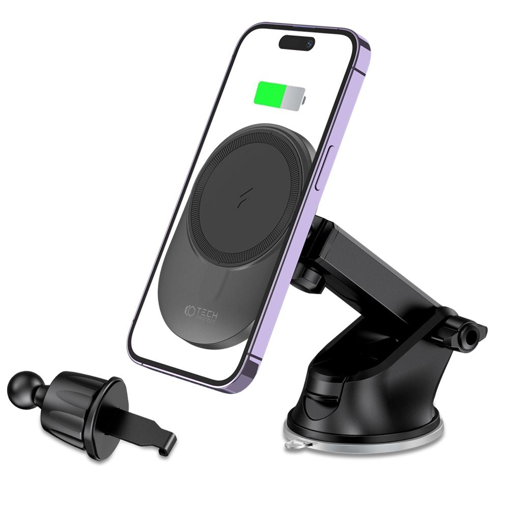 SUPPORT DE TÉLÉPHONE POUR VOITURE AVEC CHARGE SANS FIL TECH-PROTECT MM15W-V1 MAGNETIC MAGSAFE SUPPORT DE TABLEAU DE BORD ET DE VENTILATION CHARGEUR SANS FIL 15W NOIR