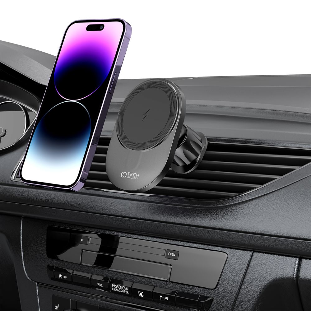 SUPPORT DE TÉLÉPHONE POUR VOITURE AVEC CHARGE SANS FIL TECH-PROTECT MM15W-V1 MAGNETIC MAGSAFE SUPPORT DE TABLEAU DE BORD ET DE VENTILATION CHARGEUR SANS FIL 15W NOIR