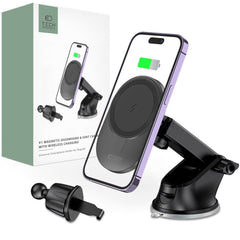 SUPPORT DE TÉLÉPHONE POUR VOITURE AVEC CHARGE SANS FIL TECH-PROTECT MM15W-V1 MAGNETIC MAGSAFE SUPPORT DE TABLEAU DE BORD ET DE VENTILATION CHARGEUR SANS FIL 15W NOIR