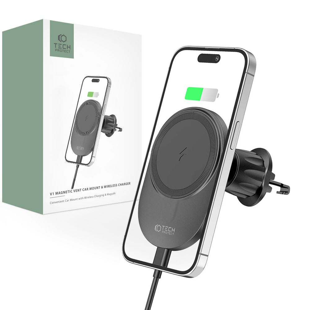 SUPPORT DE TÉLÉPHONE POUR VOITURE AVEC CHARGE SANS FIL TECH-PROTECT MM15W-V1 SUPPORT MAGNETIQUE MAGSAFE POUR VENTILATION CHARGEUR SANS FIL 15W NOIR