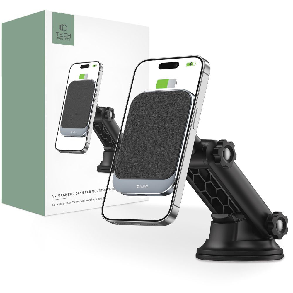 SUPPORT DE TÉLÉPHONE POUR VOITURE AVEC CHARGE SANS FIL TECH-PROTECT MM15W-V2 MAGNETIC MAGSAFE SUPPORT DE TABLEAU DE BORD CHARGEUR SANS FIL 15W NOIR
