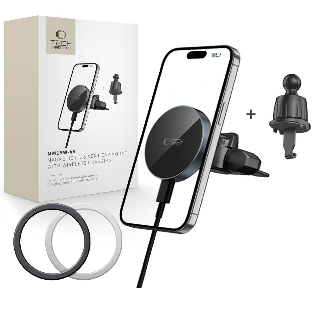 SUPPORT DE TÉLÉPHONE POUR VOITURE AVEC CHARGE SANS FIL TECH-PROTECT MM15W-V5 MAGNETIC MAGSAFE MONTAGE CD & VENTILATION CHARGEUR SANS FIL 15W NOIR/NOIR
