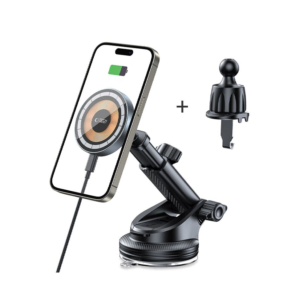 SUPPORT DE TÉLÉPHONE POUR VOITURE AVEC CHARGE SANS FIL TECH-PROTECT MM15W-V5 MAGNETIC MAGSAFE MONTAGE SUR TABLEAU DE BORD ET VENTILATION CHARGEUR SANS FIL 15W NOIR