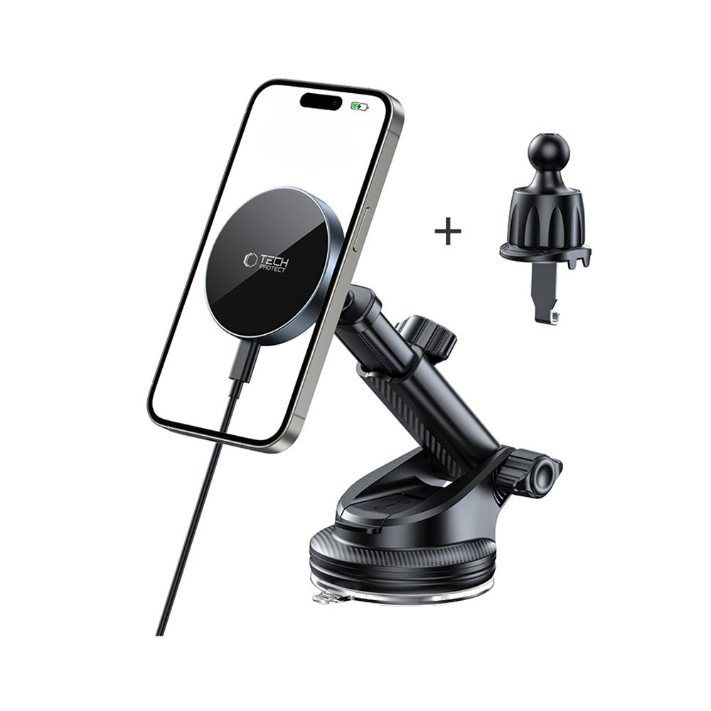 SUPPORT DE TÉLÉPHONE POUR VOITURE AVEC CHARGE SANS FIL TECH-PROTECT MM15W-V5 MAGNETIC MAGSAFE SUPPORT DE TABLEAU DE BORD ET DE VENTILATION CHARGEUR SANS FIL 15W NOIR/NOIR