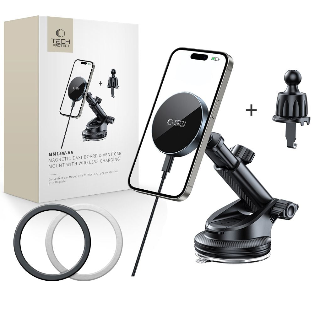 SUPPORT DE TÉLÉPHONE POUR VOITURE AVEC CHARGE SANS FIL TECH-PROTECT MM15W-V5 MAGNETIC MAGSAFE SUPPORT DE TABLEAU DE BORD ET DE VENTILATION CHARGEUR SANS FIL 15W NOIR/NOIR