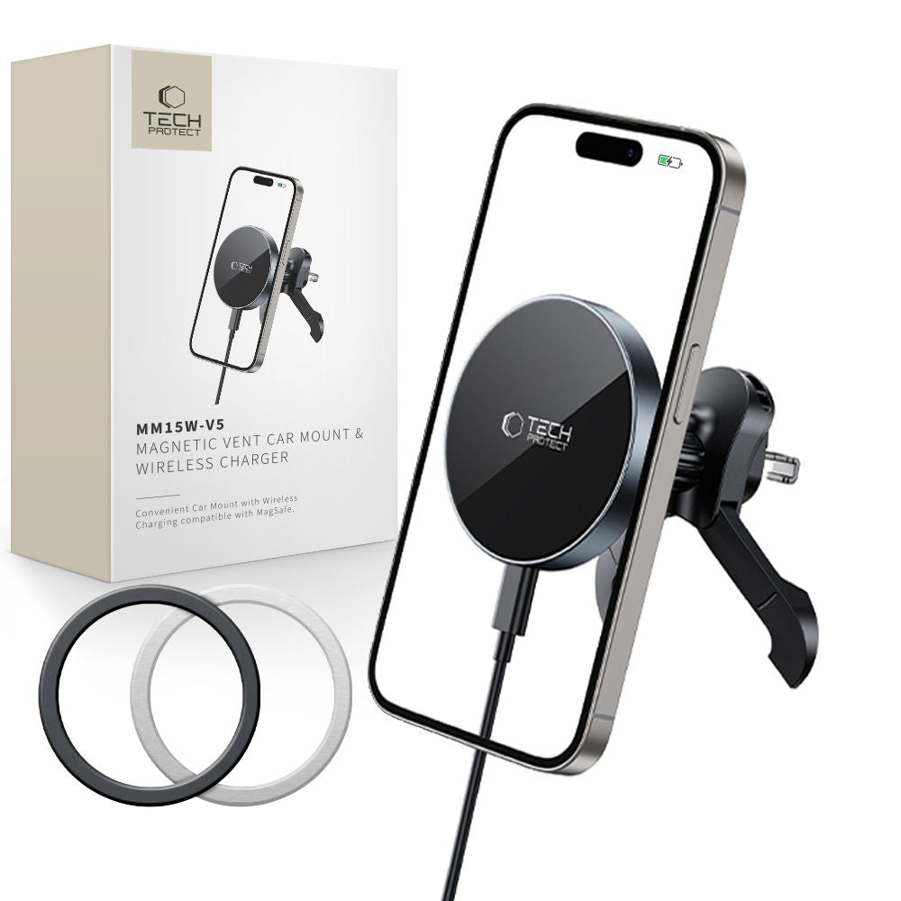 SUPPORT DE TÉLÉPHONE POUR VOITURE AVEC CHARGE SANS FIL TECH-PROTECT MM15W-V5 MAGNETIC MAGSAFE SUPPORT DE VENTILATION CHARGEUR SANS FIL 15W NOIR/NOIR