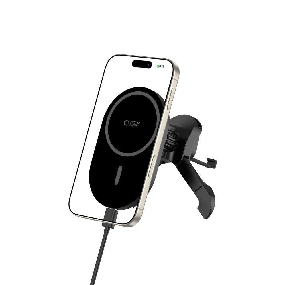 Support de téléphone pour voiture avec chargement sans fil TECH-PROTECT MM15W-V6 MAGNETIC MAGSAFE STABLE VENT CAR MOUNT CHARGEUR SANS FIL 15W NOIR/NOIR