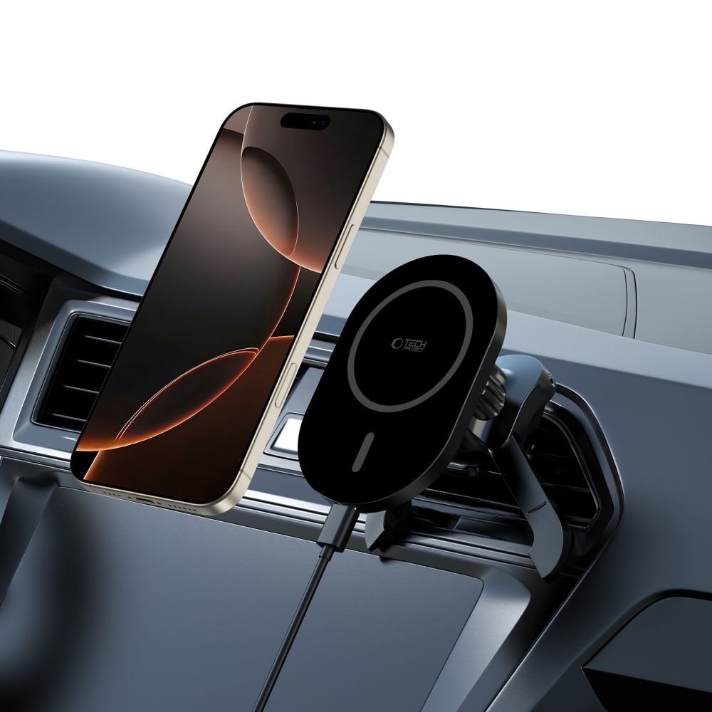 Support de téléphone pour voiture avec chargement sans fil TECH-PROTECT MM15W-V6 MAGNETIC MAGSAFE STABLE VENT CAR MOUNT CHARGEUR SANS FIL 15W NOIR/NOIR