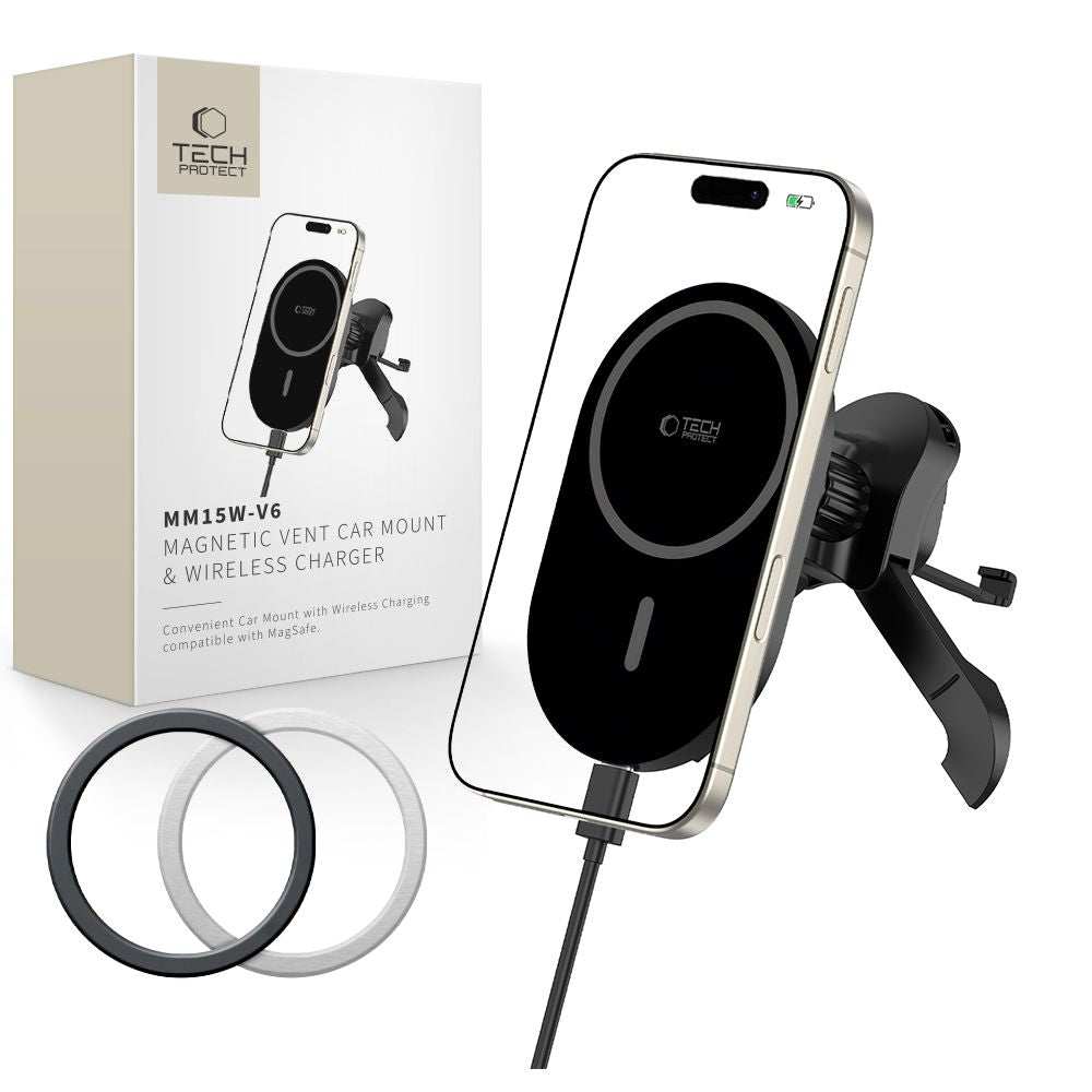 Support de téléphone pour voiture avec chargement sans fil TECH-PROTECT MM15W-V6 MAGNETIC MAGSAFE STABLE VENT CAR MOUNT CHARGEUR SANS FIL 15W NOIR/NOIR