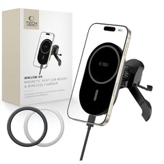 Support de téléphone pour voiture avec chargement sans fil TECH-PROTECT MM15W-V6 MAGNETIC MAGSAFE STABLE VENT CAR MOUNT CHARGEUR SANS FIL 15W NOIR/NOIR