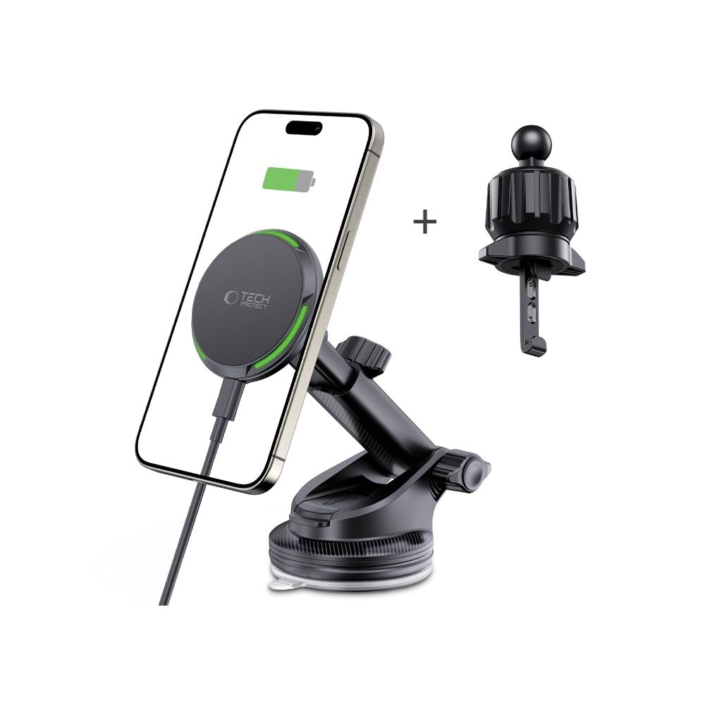 SUPPORT DE TÉLÉPHONE POUR VOITURE AVEC CHARGE SANS FIL TECH-PROTECT MM15W-V6 QI2 MAGNETIQUE MAGSAFE MONTAGE SUR TABLEAU DE BORD ET VENTILATION CHARGEUR SANS FIL 15W NOIR