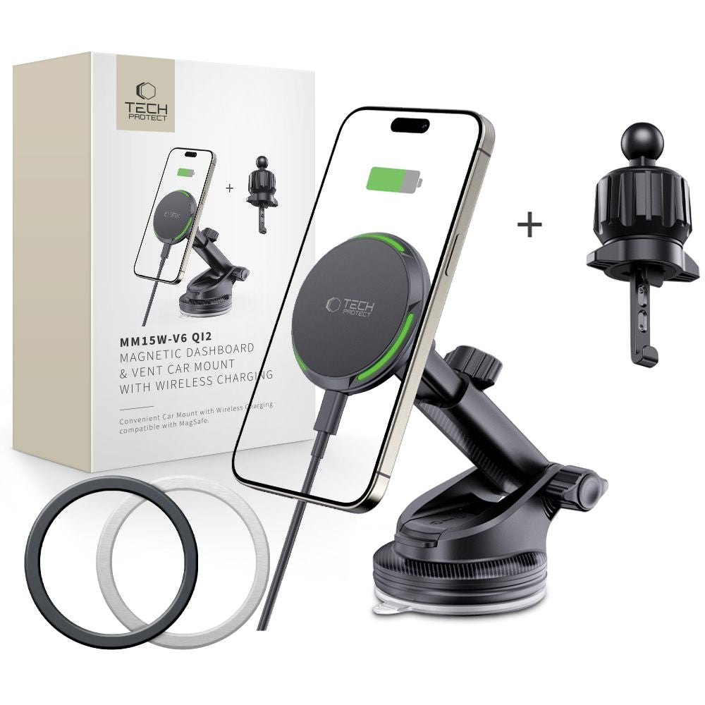 SUPPORT DE TÉLÉPHONE POUR VOITURE AVEC CHARGE SANS FIL TECH-PROTECT MM15W-V6 QI2 MAGNETIQUE MAGSAFE MONTAGE SUR TABLEAU DE BORD ET VENTILATION CHARGEUR SANS FIL 15W NOIR
