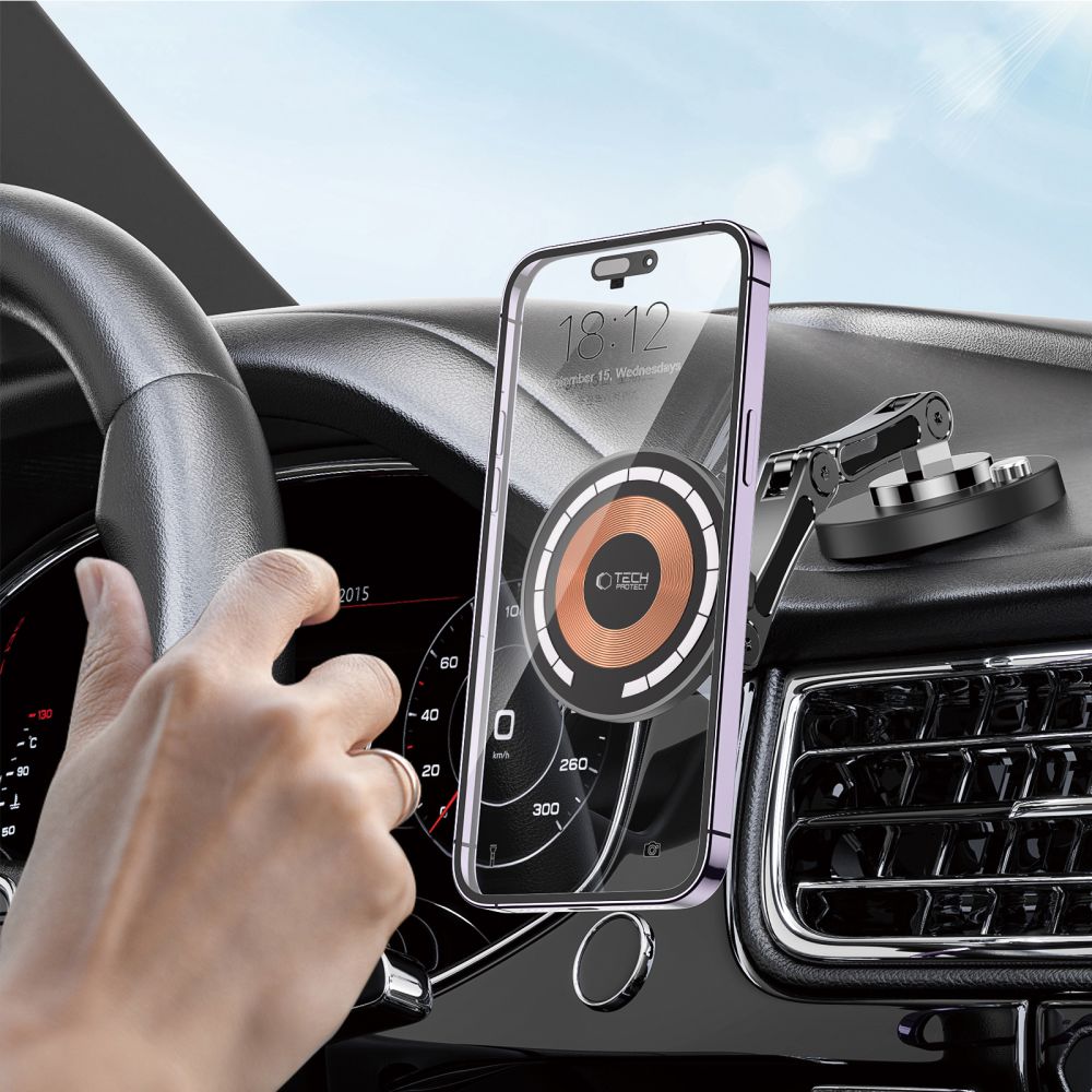 SUPPORT DE TÉLÉPHONE POUR VOITURE AVEC CHARGE SANS FIL TECH-PROTECT MM15W-V8 MONTAGE MAGNETIQUE MAGSAFE POUR TABLEAU DE BORD CHARGEUR SANS FIL 15W NOIR