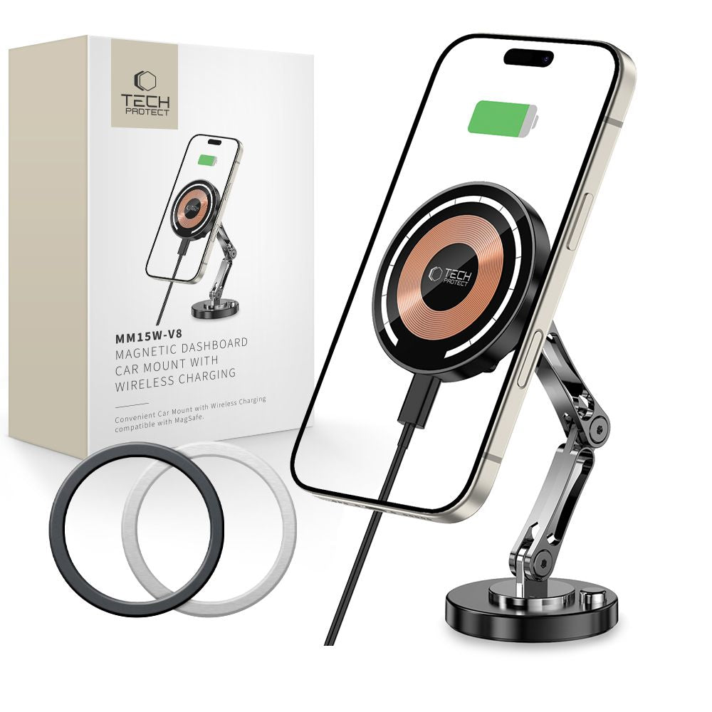 SUPPORT DE TÉLÉPHONE POUR VOITURE AVEC CHARGE SANS FIL TECH-PROTECT MM15W-V8 MONTAGE MAGNETIQUE MAGSAFE POUR TABLEAU DE BORD CHARGEUR SANS FIL 15W NOIR