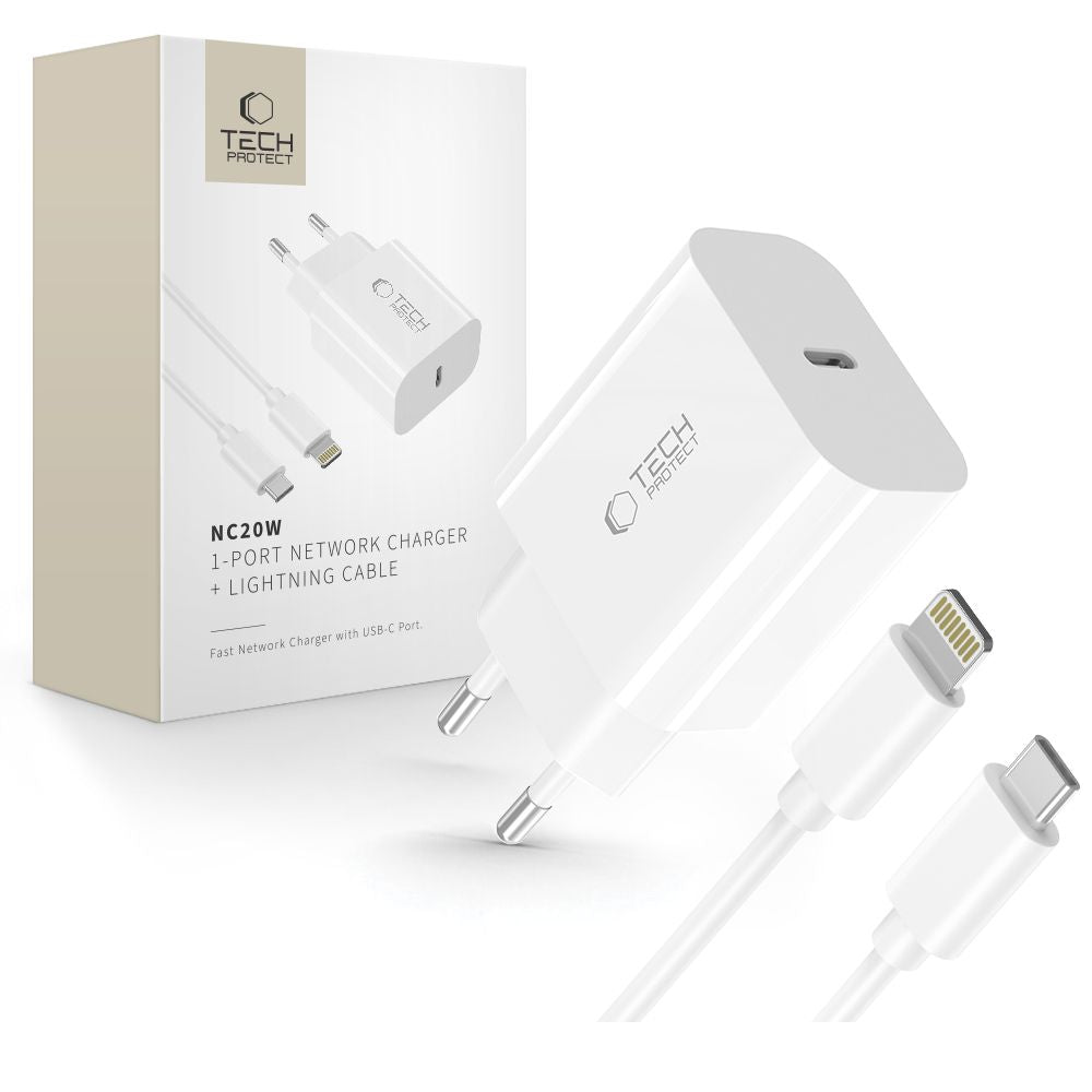 CHARGEUR RÉSEAU TECH-PROTECT NC20W 1-PORT PD20W + CÂBLE LIGHTNING BLANC