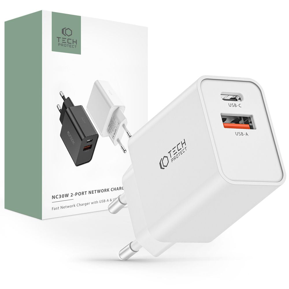 CHARGEUR RÉSEAU POUR MOBILE ET TABLETTE TECH-PROTECT NC30W CHARGEUR 2 PORTS PD30W/QC3.0 BLANC