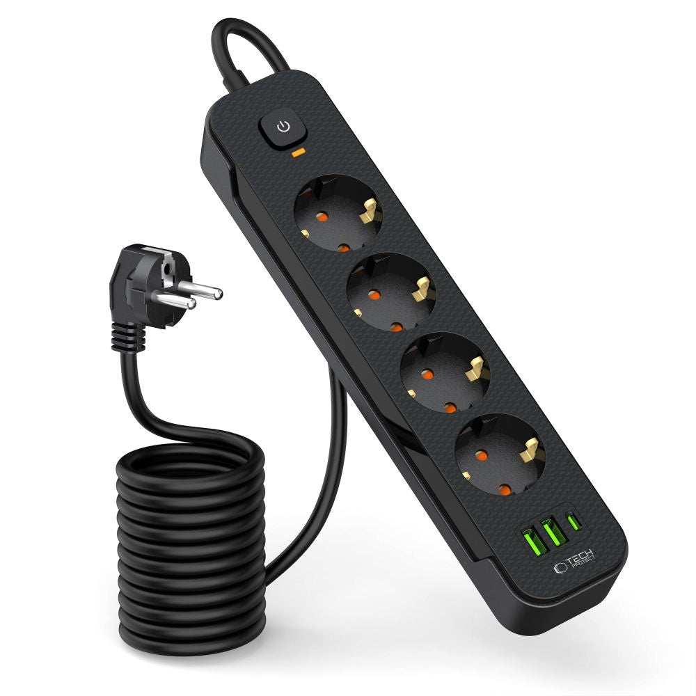 PRISE ÉLECTRIQUE TECH-PROTECT PCL4X3 LONGUE AVEC 2 USB & 1 TYPE-C & 4 PRISES 200CM NOIRE